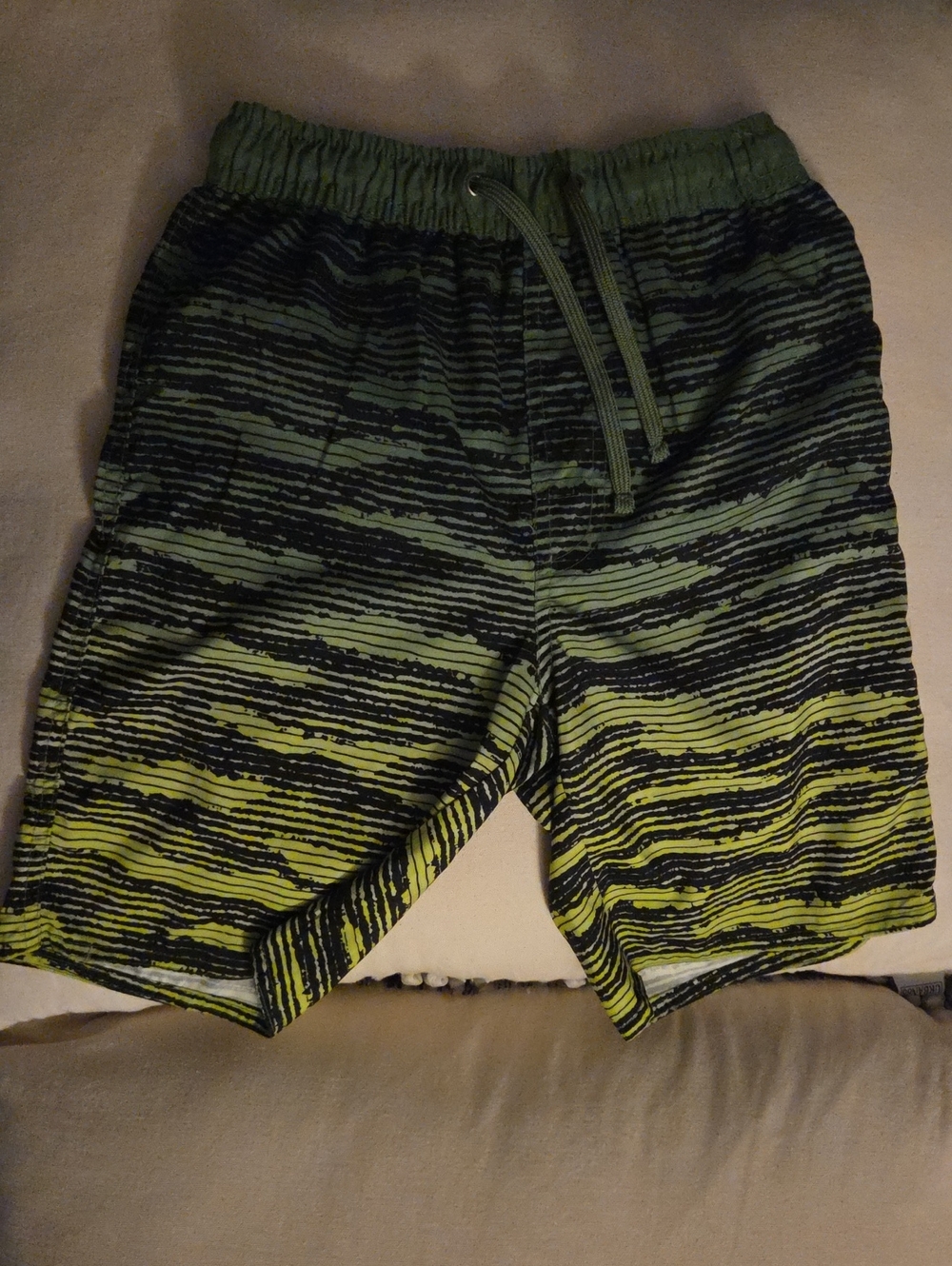 Boys Green and Black Striped Swim Trunks